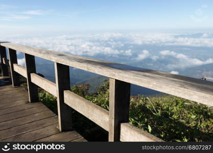 wood balcony terrace with mountain view in morning