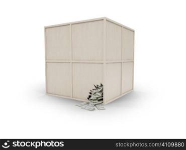 wood box view with money on white background