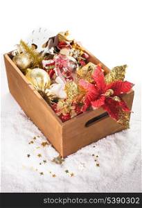 Wood box with christmas decoration, preparation for holidays