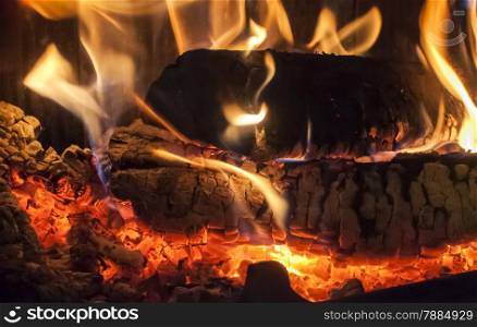 Wood burning in home fireplace closeup as background