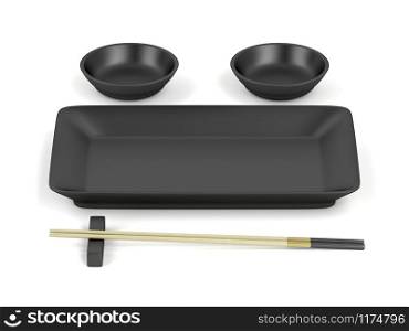 Wood chopsticks and empty black sushi plates