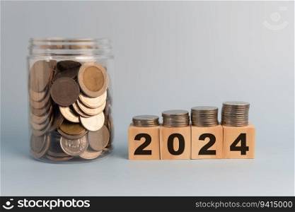 wood cube block 2024 business growth concept. New year business goals, plan and strategy. business finance coin investment, saving money.