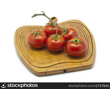 Wood Cutting Board with Tomatoes Isolated on White Background
