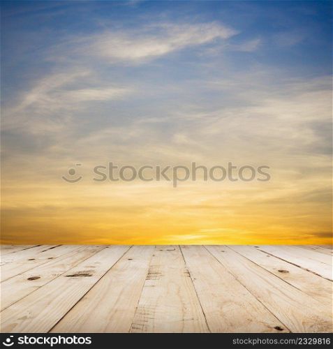 wood floor and beautiful sunset with space