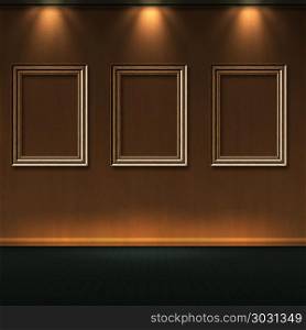 Wood frames in room with lights. Empty wooden frames in room with lights on wall.