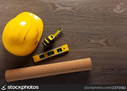 Wood laminate and tools at floor background texture. Wooden laminate top view