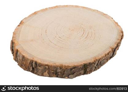 Wood log slice cutted tree trunk isolated on white.