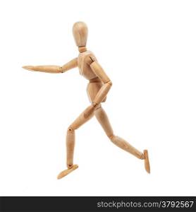 Wood model with running pose isolated on white background
