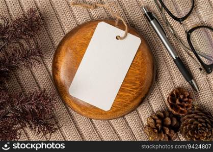 wood plate on the sweater with clear tag