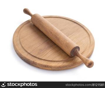 Wood rolling pin cutting board isolated on white background. Wooden pizza board