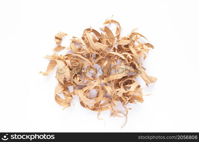 Wood shavings isolated on white background. Wooden shaving from old plank board texture