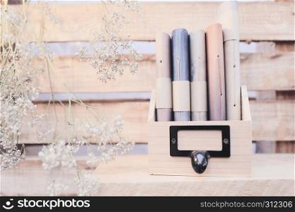 wood shelf with book