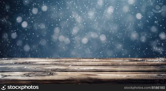 Wood tab≤mockup with falling snow on background. Empty©space for∏uct presentation. Ge≠rative AI.. Wood tab≤mockup with falling snow on background. Empty©space for∏uct presentation. Ge≠rative AI