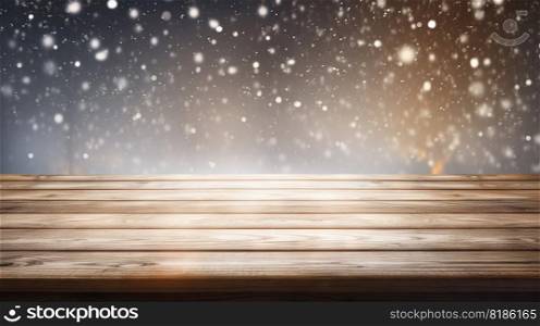 Wood table mockup with falling snow on background. Empty copy space for product presentation. Generative AI.. Wood table mockup with falling snow on background. Empty copy space for product presentation. Generative AI