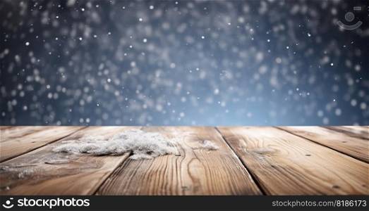 Wood table mockup with falling snow on background. Empty copy space for product presentation. Generative AI.. Wood table mockup with falling snow on background. Empty copy space for product presentation. Generative AI