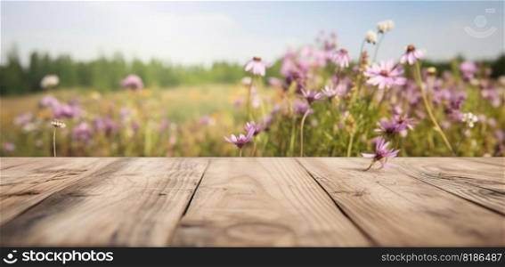 Wood table mockup with flowering spring meadow on background. Empty copy space for product presentation. Generative AI.. Wood table mockup with flowering spring meadow on background. Empty copy space for product presentation. Generative AI