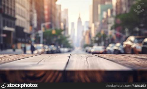 Wood table mockup with New York city street in shallow depth of field. Copy space for product. Generative AI.. Wood table mockup with New York city street in shallow depth of field. Copy space for product. Generative AI