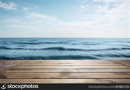 Wood table mockup with ocean waves on background. Empty copy space for product presentation. Generative AI.. Wood table mockup with ocean waves on background. Empty copy space for product presentation. Generative AI