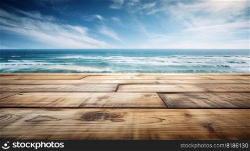 Wood table mockup with ocean waves on background. Empty copy space for product presentation. Generative AI.. Wood table mockup with ocean waves on background. Empty copy space for product presentation. Generative AI