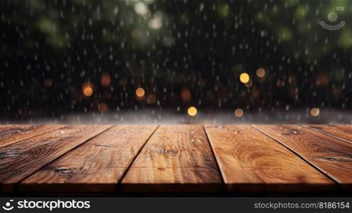 Wood table mockup with summer rain over green landscape. Empty copy space for product presentation. Generative AI.. Wood table mockup with summer rain over green landscape. Empty copy space for product presentation. Generative AI