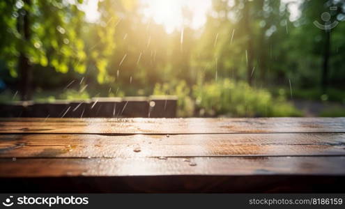 Wood table mockup with summer rain over green landscape. Empty copy space for product presentation. Generative AI.. Wood table mockup with summer rain over green landscape. Empty copy space for product presentation. Generative AI