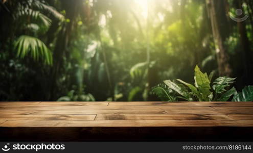 Wood table mockup with tropical jungle on background. Empty copy space for product presentation. Generative AI.. Wood table mockup with tropical jungle on background. Empty copy space for product presentation. Generative AI