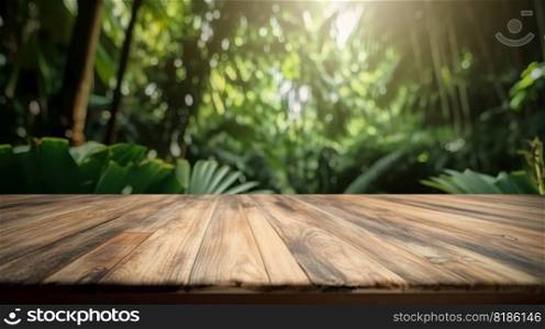 Wood table mockup with tropical jungle on background. Empty copy space for product presentation. Generative AI.. Wood table mockup with tropical jungle on background. Empty copy space for product presentation. Generative AI
