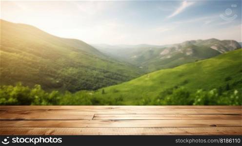 Wood table mockup with vibrant green hills on background. Empty copy space for product presentation. Generative AI.. Wood table mockup with vibrant green hills on background. Empty copy space for product presentation. Generative AI