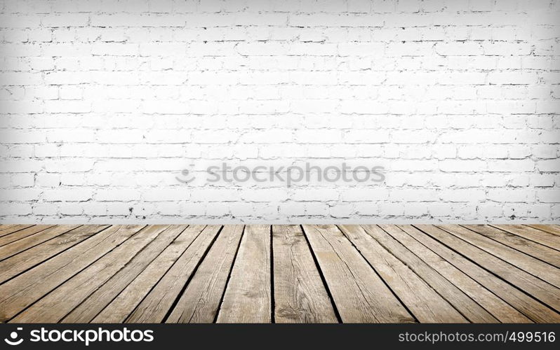 wood table over white brick wall background, template
