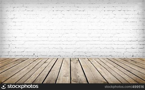 wood table over white brick wall background, template