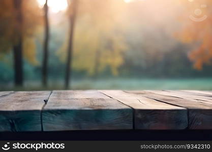 Wood Table Top in Blur Background forest with empty copy space.