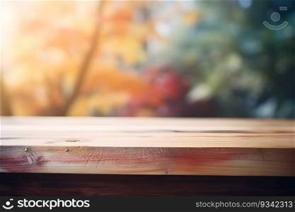 Wood Table Top in Blur Background forest with empty copy space.