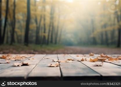Wood Table Top in Blur Background forest with empty copy space.