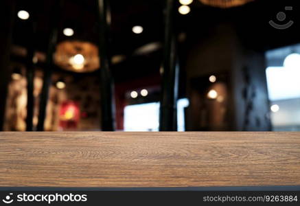 Wood Table Top in Blur Background room interior with empty copy space 