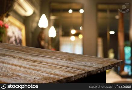 Wood Table Top in Blur Background room interior with empty copy space 