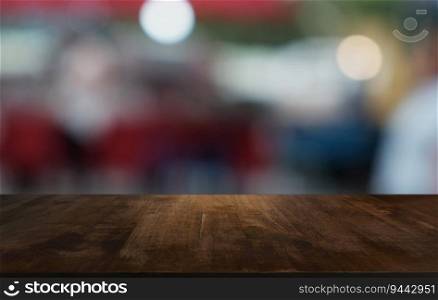 Wood Table Top in Blur Background room interior with empty copy space 