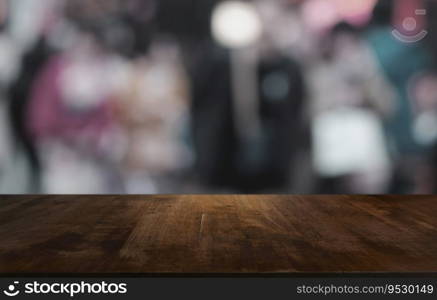 Wood Table Top in Blur Background room interior with empty copy space 