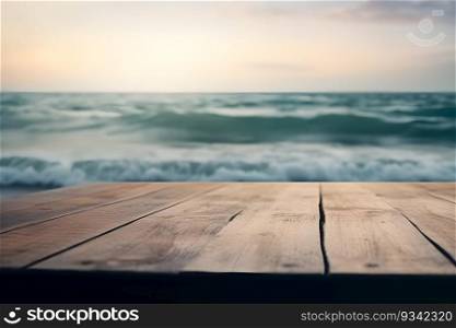 Wood Table Top in Blur Background sea outdoor with empty copy space.