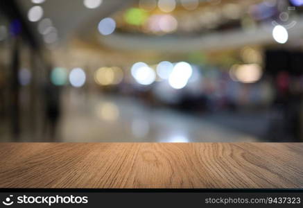 Wood table top in front of abstract blurred background. Empty wooden table space for text marketing promotion. blank wood table copy space for background