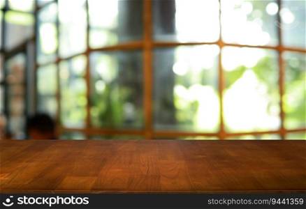 Wood table top in front of abstract blurred background. Empty wooden table space for text marketing promotion. blank wood table surface copy space for background.