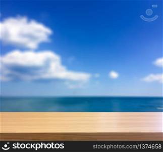 Wood Table Top on Abstract Blur Natural Blue Summer Sky with White Clouds Background for Display or Montage Your Products Template for Ads Promotion New Product or Magazine Advertisement. Wood Table Top on Abstract Blur Natural Blue Summer Sky with Whi