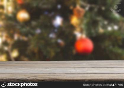 wood table top product empty counter abstract blur background New year and Christmas festive decoration display vintage retro tone.