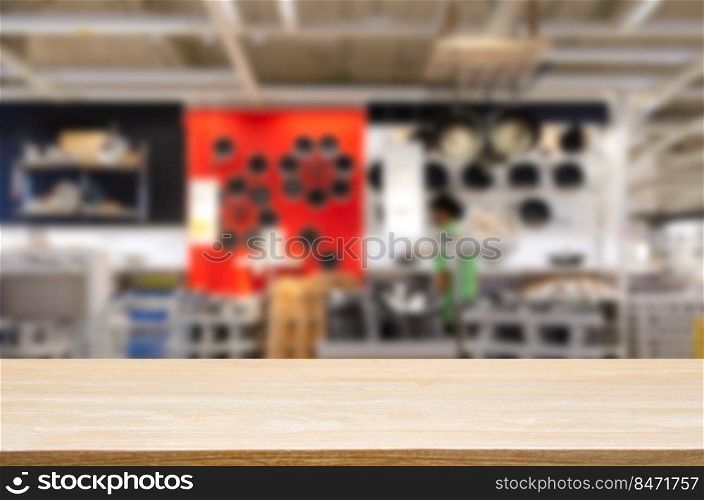 wood table top shelf product counter blank good blur background home decoration interior business display.