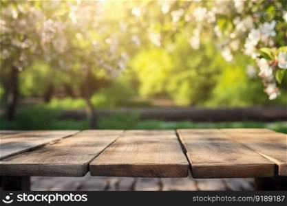 Wood table top with lights bokeh , Empty wooden for montage or display your products covered with garden blurred bokeh background , Generate Ai
