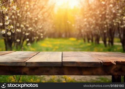 Wood table top with lights bokeh , Empty wooden for montage or display your products covered with garden blurred bokeh background , Generate Ai