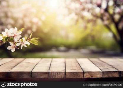 Wood table top with lights bokeh , Empty wooden for montage or display your products covered with garden blurred bokeh background , Generate Ai