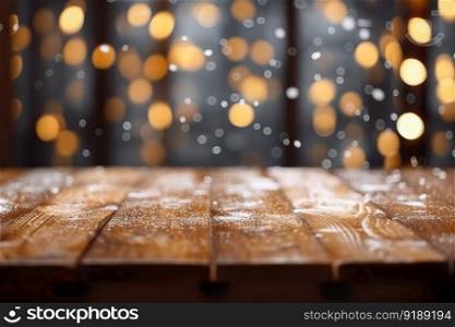 Wood table top with lights bokeh , Empty wooden for montage or display your products covered with snow of xmas time blurred bokeh lights background , Generate Ai