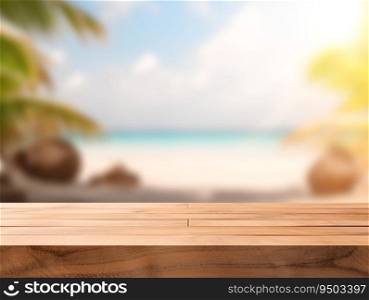 Wood table with beach background made with Generative AI