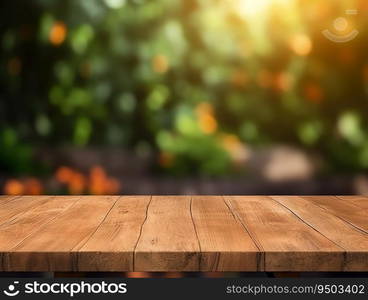 Wood table with blurred background made with Generative AI