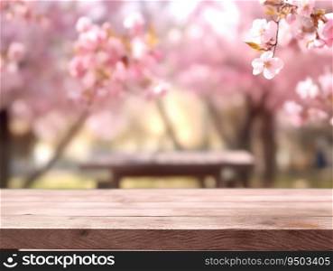 Wood table with cherry blossom background made with Generative AI